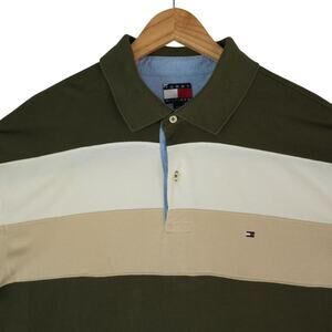 Tommy Hilfiger Polo Shirt Mens XL Tall Green White Tan Stripe Y2K Streetwear